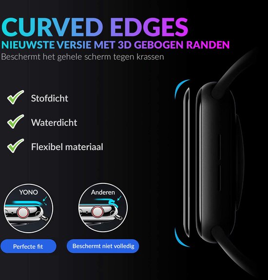 Screen protector geschikt voor Apple Watch Series 7 / 8 - 45mm - Curved Edges - Volledige Scherm Bescherming - 3-Pack
