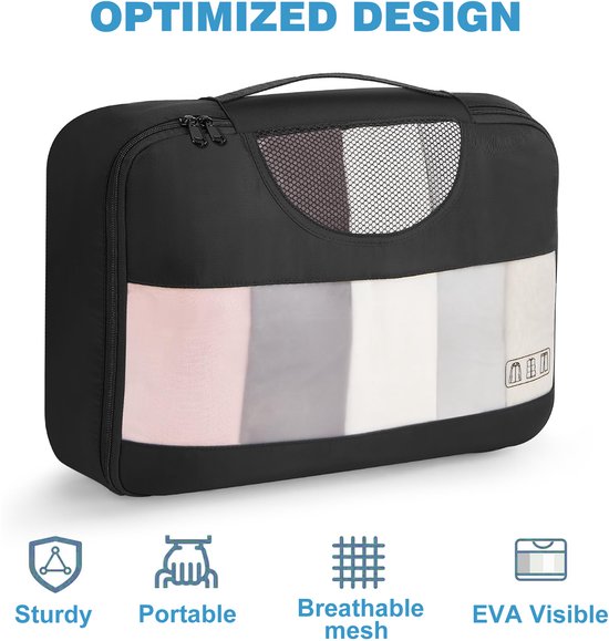 YONO Packing Cubes Set - Toilettas met Haak - Backpack Organizer - Koffer Organizers voor Kleding en Toiletspullen - Gymtas - 8-Delig - Zwart