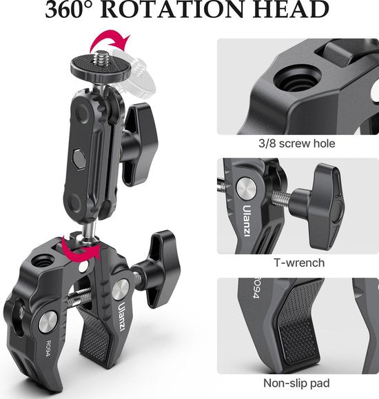 Ulanzi R094 Super Clamp statiefklem - Buisklem met balhoofd en Magic Arm - Tot 6 centimeter dik - 3/8 inch schroefgat