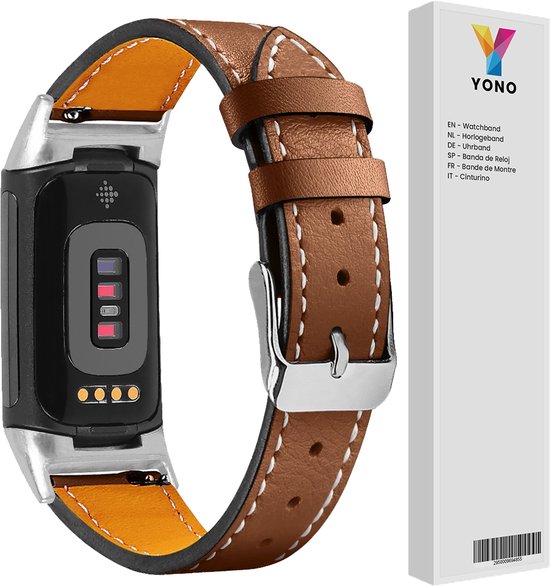 YONO Leer Bandje geschikt voor Fitbit Charge 5 / 6 - Vervangende Lederen Armband - Bruin