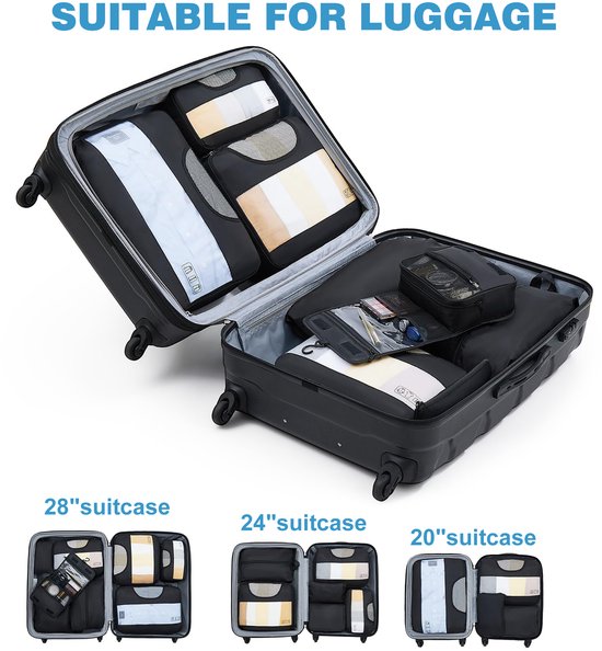 YONO Packing Cubes Set - Toilettas met Haak - Backpack Organizer - Koffer Organizers voor Kleding en Toiletspullen - Gymtas - 8-Delig - Zwart