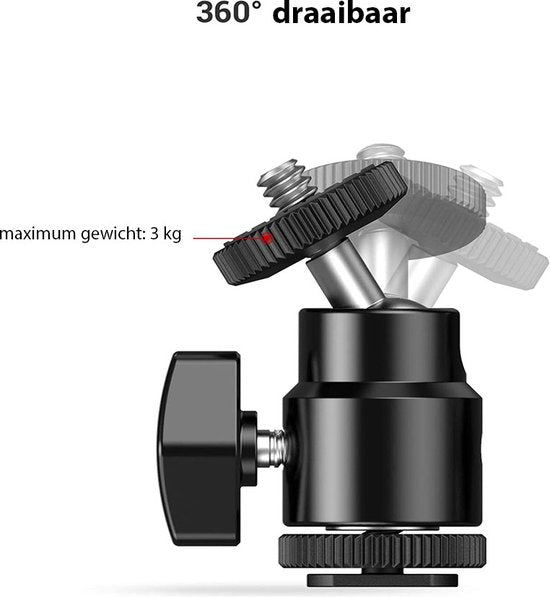 YONO Cold Shoe Adapter Mount voor Camera - Balhoofd Statiefkop 360 Graden Roteerbaar voor Statief met 1/4 Schroef Aansluiting - Zwart