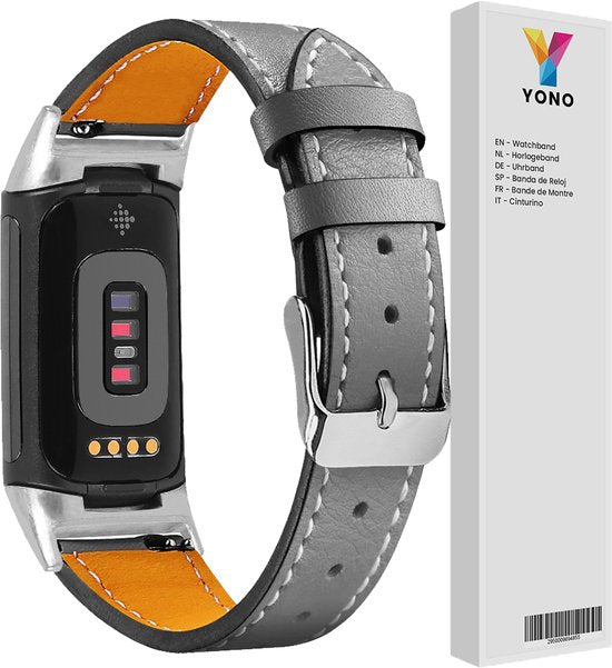 YONO Leer Bandje geschikt voor Fitbit Charge 5 / 6 - Vervangende Lederen Armband - Grijs