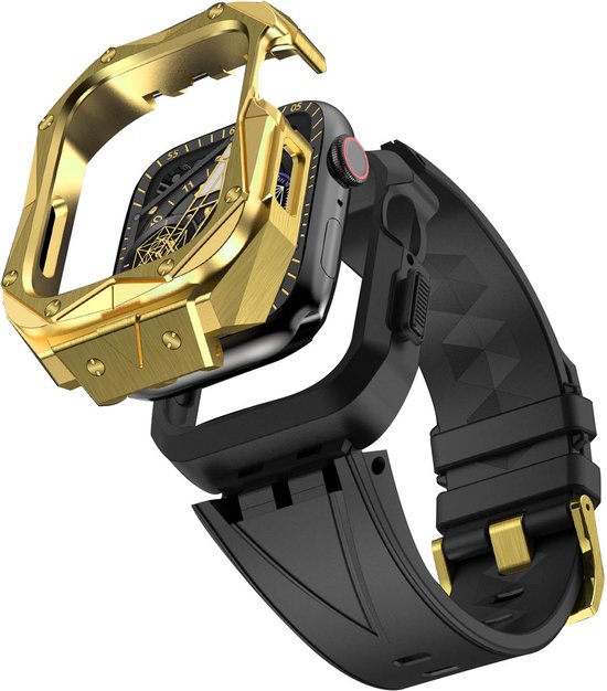 YONO Luxe Band geschikt voor Apple Watch Series 44 / 45 mm - RVS Horlogebandje - Stainless Steel met Siliconen Strap - Goud