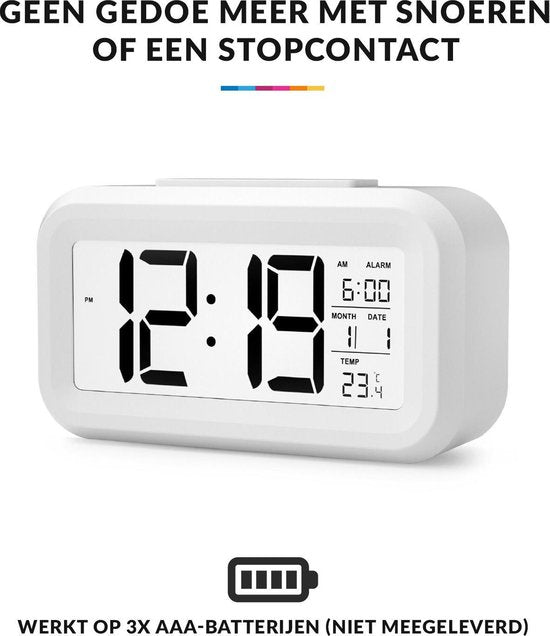 YONO Digitale Wekker - Alarm Klok met Temperatuur, Kalender en LED Verlichting - Wit
