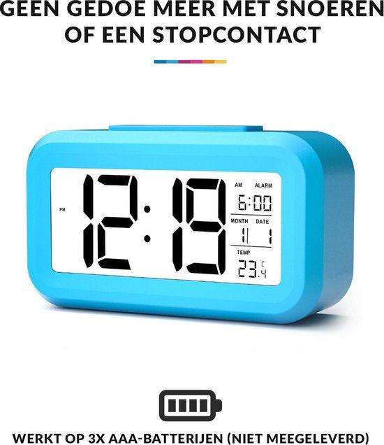 YONO Digitale Wekker - Alarm Klok met Temperatuur, Kalender en LED Verlichting - Blauw