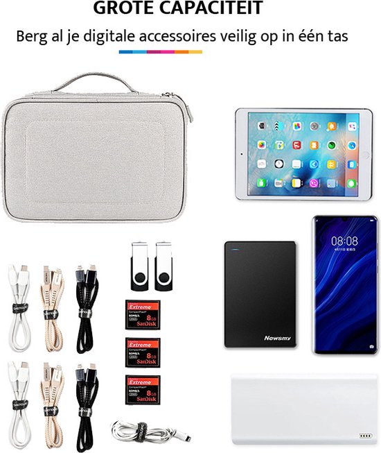 YONO Kabel Organiser Tas Large - Compacte Kabeltas - Opbergtas voor Elektronica en Accessoires - Etui Organizer Case - Lichtgrijs