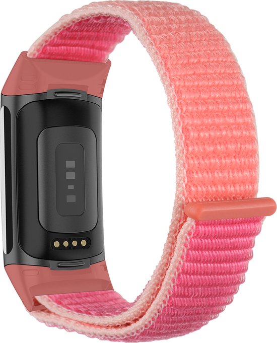 YONO Nylon Velcro Bandje geschikt voor Fitbit Charge 5 / 6 - Vervangende Armband Strap - Roze