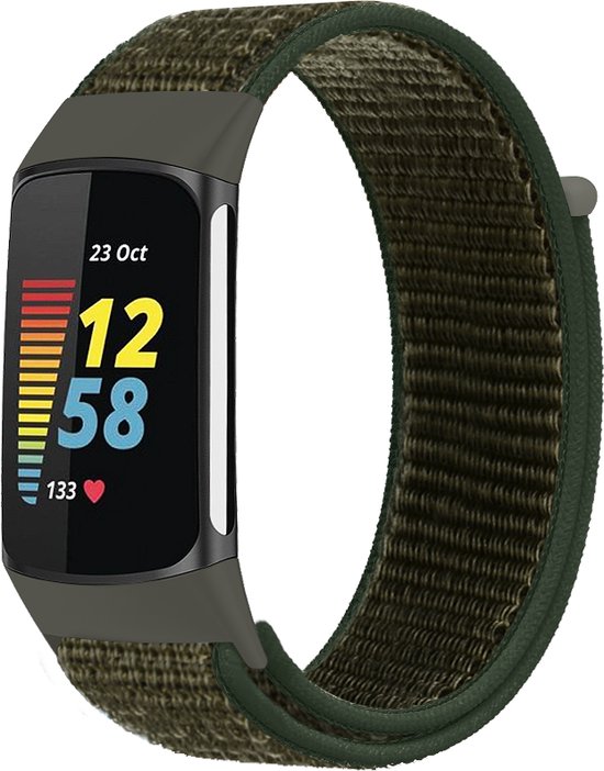 YONO Nylon Velcro Bandje geschikt voor Fitbit Charge 5 / 6 - Vervangende Armband Strap - Donkergroen