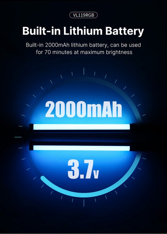 Ulanzi VL119 RGB Tube Light XL met handvat - 50 cm - Stream lamp - RGB lightpainting - 2.000 mAh batterij - 20 lichtscenes - Zwart