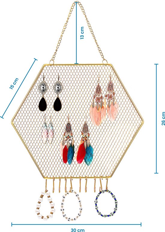 YONO Sieradenrekje Hexagoon - Hangend Rekje voor Opbergen Oorbellen / Ketting / Armband - Houder Display Rekje - Goud