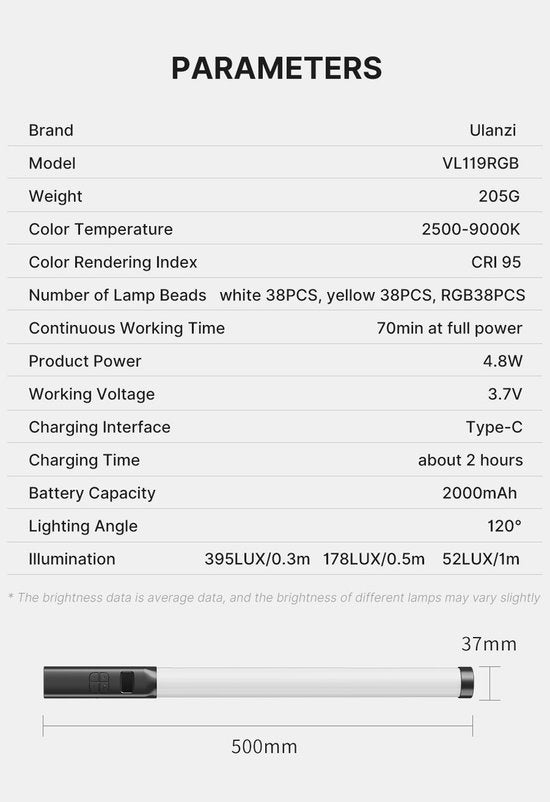 Ulanzi VL119 RGB Tube Light XL met handvat - 50 cm - Stream lamp - RGB lightpainting - 2.000 mAh batterij - 20 lichtscenes - Zwart