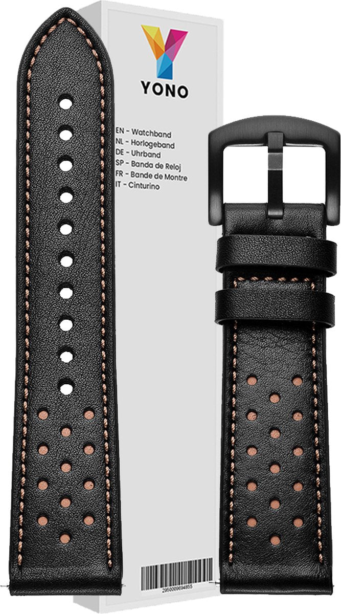 YONO Leer Air Bandje 20mm - Leren Horlogebandje geschikt voor Samsung Galaxy Watch 7/6/5 / Pro / 4 / 3 / Active 2 - Polar Ignite / Unite – Huawei - Zwart