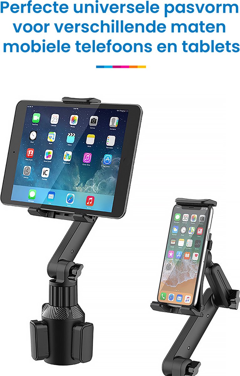 YONO Telefoonhouder voor Auto - Bevestiging in Bekerhouder - Smartphone en Tablet Houder - Verlengbaar en 360 Graden Draaibaar - Zwart