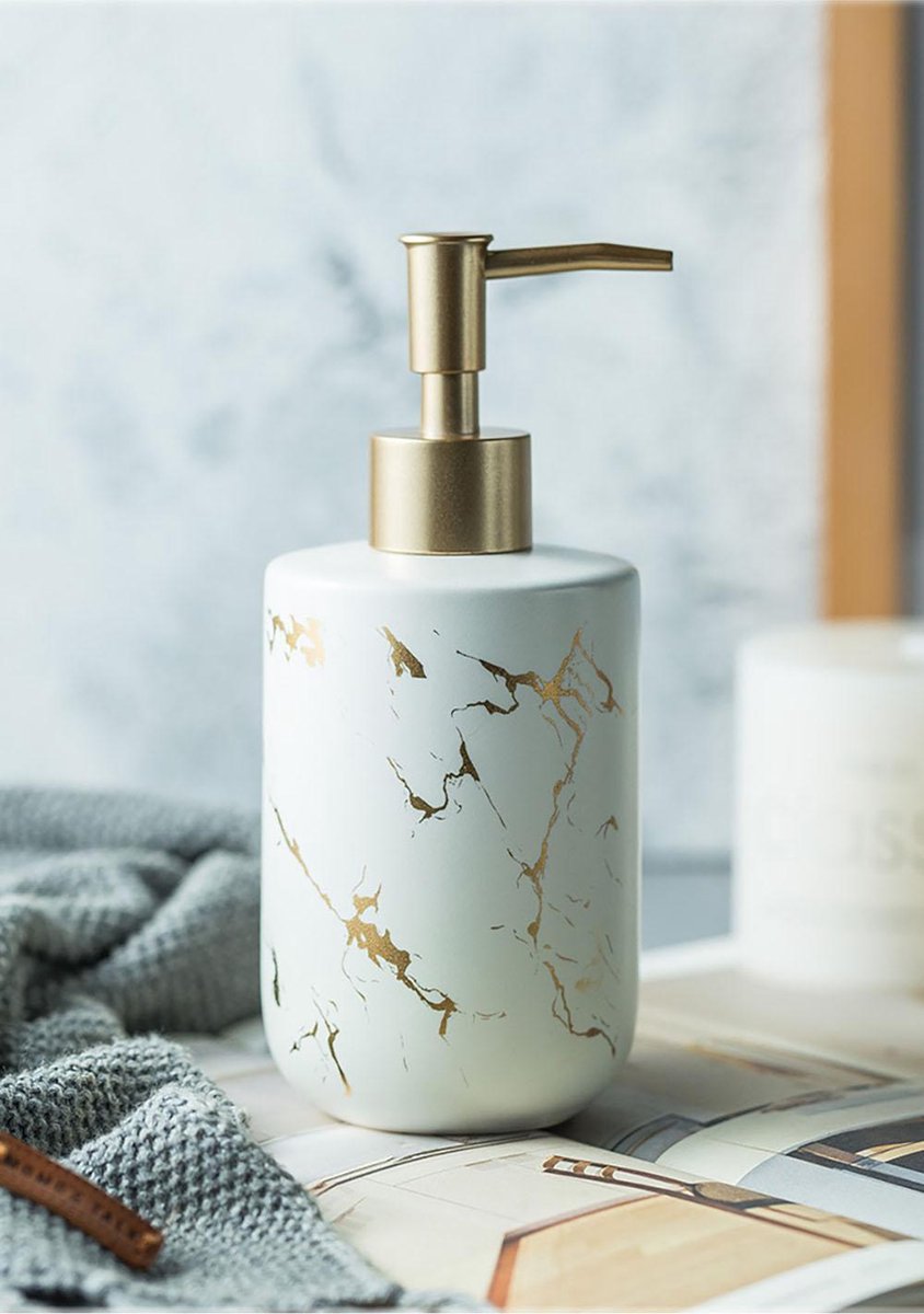 YONO Zeeppompje Vrijstaand Marmer Look - Zeepdispenser 400ml - Keramiek - Wit en Goud