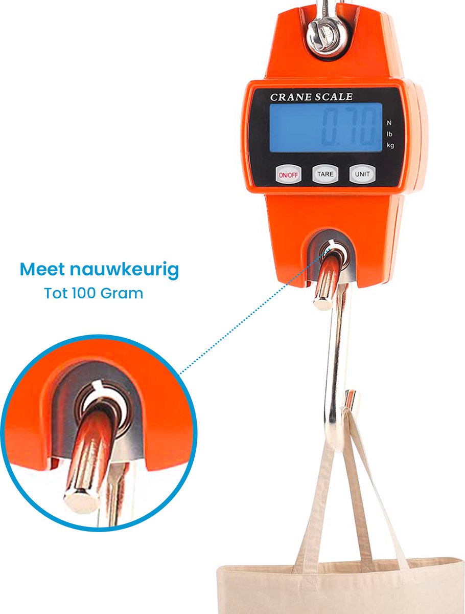 YONO Digitale Weeghaak - Kraanweegschaal 300 kg / 100 g - RVS Hang Weegschaal - Oranje