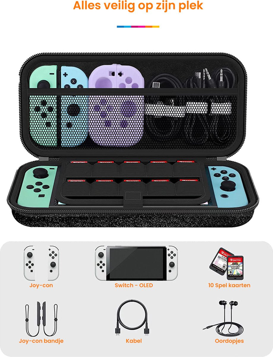 YONO Glitter Case geschikt voor Nintendo Switch / Switch OLED - Opbergtasje Hoesje - Beschermhoes - Zwart