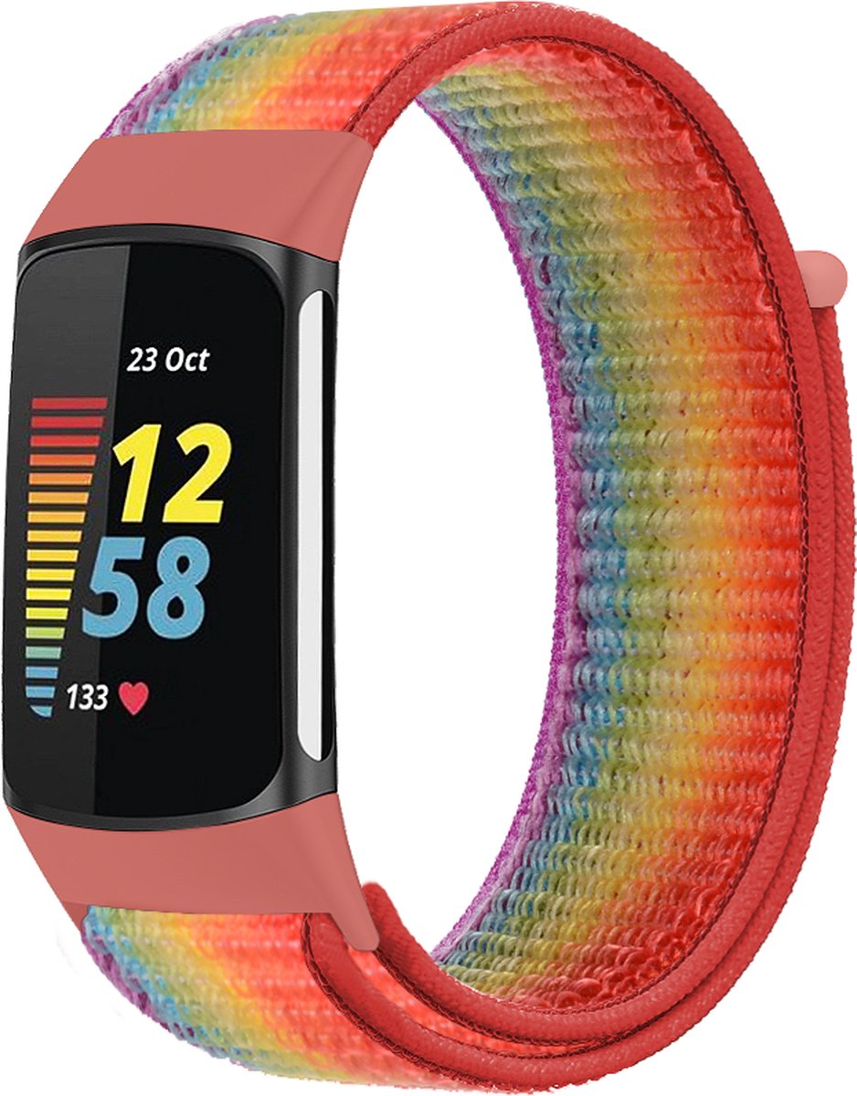 YONO Nylon Velcro Bandje geschikt voor Fitbit Charge 5 / 6 - Vervangende Armband Strap - Regenboog