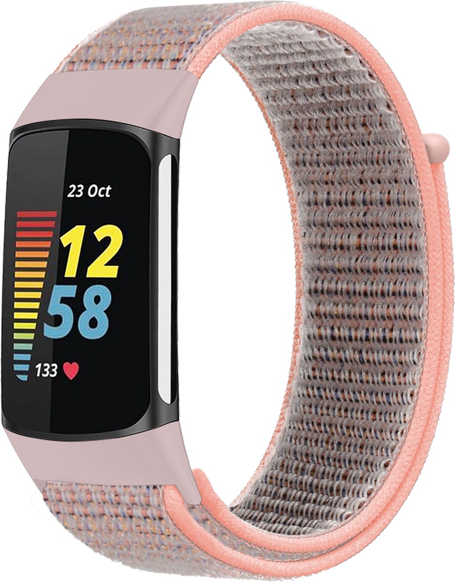 YONO Nylon Velcro Bandje geschikt voor Fitbit Charge 5 / 6 - Vervangende Armband Strap - Lichtroze