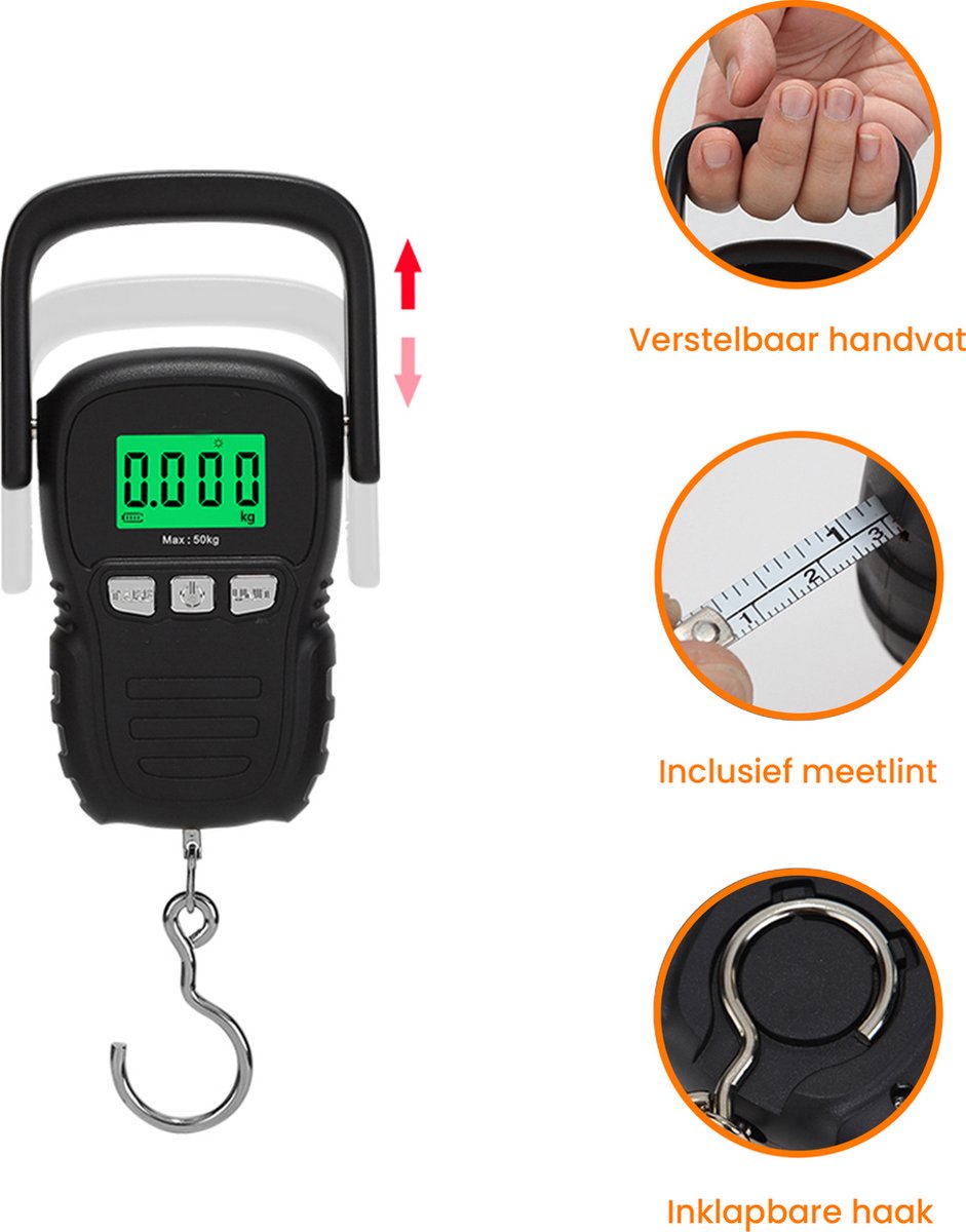 YONO Kofferweegschaal met Meetlint - Hangweegschaal tot 50kg - Bagageweegschaal - Bagageweger - Luggage Scale - Vis Weegschaal - Inclusief Batterijen en Rolmaat 120cm - Zwart