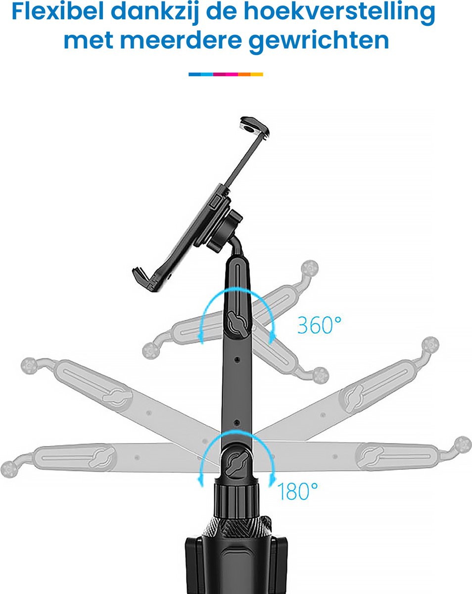 YONO Telefoonhouder voor Auto - Bevestiging in Bekerhouder - Smartphone en Tablet Houder - Verlengbaar en 360 Graden Draaibaar - Zwart