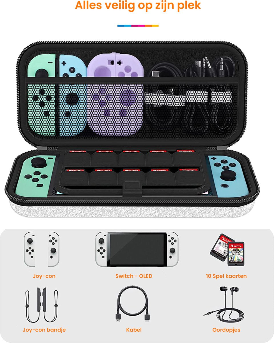 YONO Glitter Case geschikt voor Nintendo Switch / Switch OLED - Opbergtasje Hoesje - Beschermhoes - Zilver