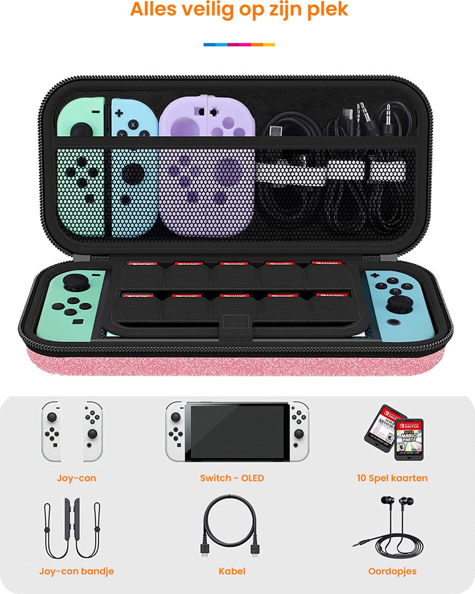 YONO Glitter Case geschikt voor Nintendo Switch / Switch OLED - Opbergtasje Hoesje - Beschermhoes - Rose