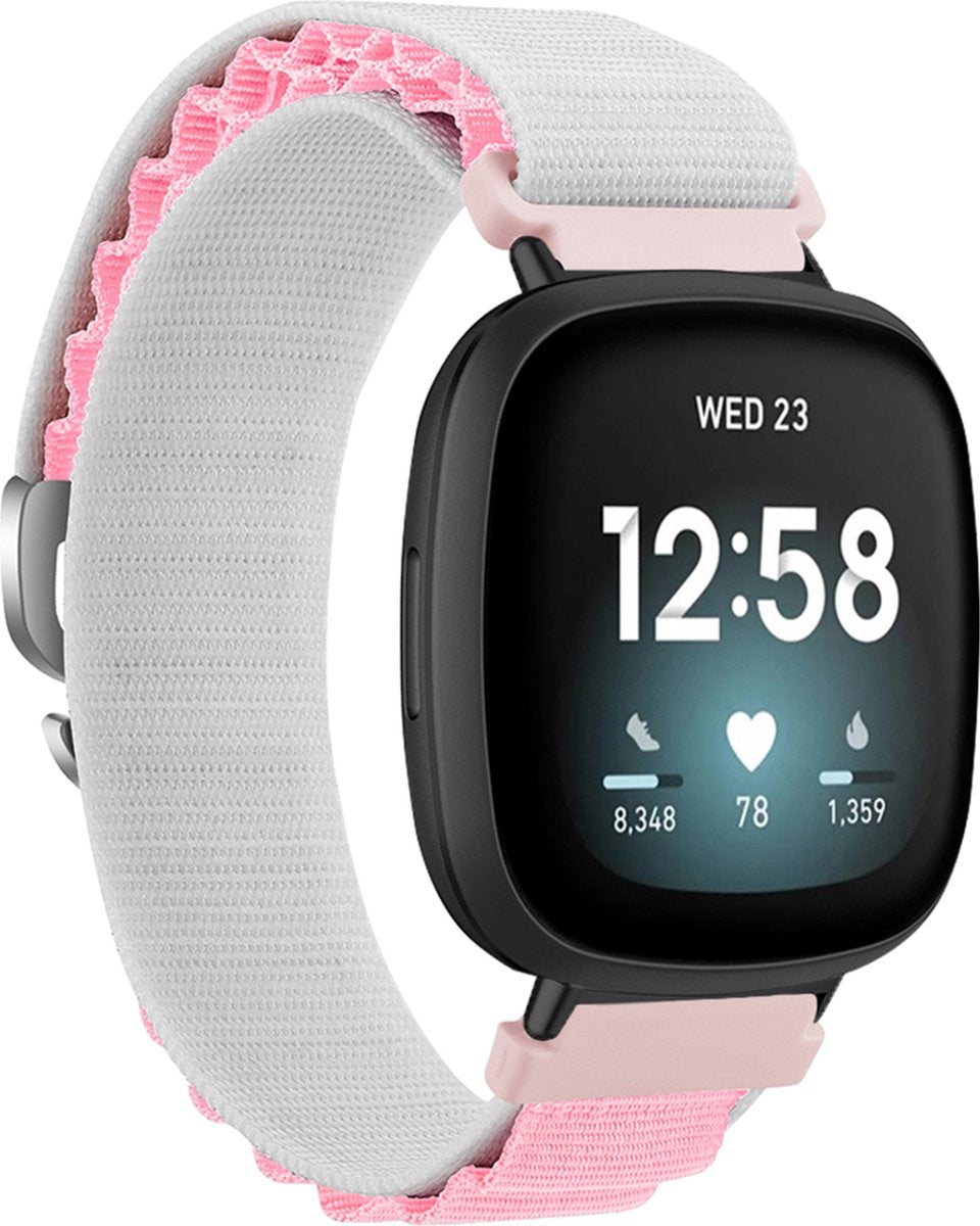 YONO Nylon Loop Bandje geschikt voor Fitbit Versa 4 / Sense 2 - Wit / Roze