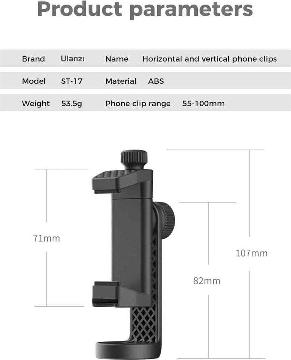 Ulanzi ST-17 360º Draaibare Telefoonhouder voor statief - met Cold Shoe Mount - Voor alle smartphones tot 10 cm breed - Zwart
