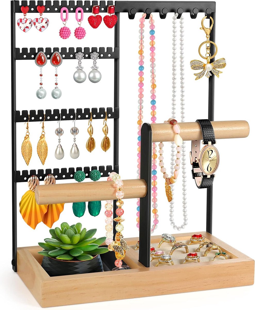 YONO Sieradenrekje Organizer - Houder Display voor Oorbellen / Kettingen / Armbanden Opbergen - Hout en RVS - Zwart